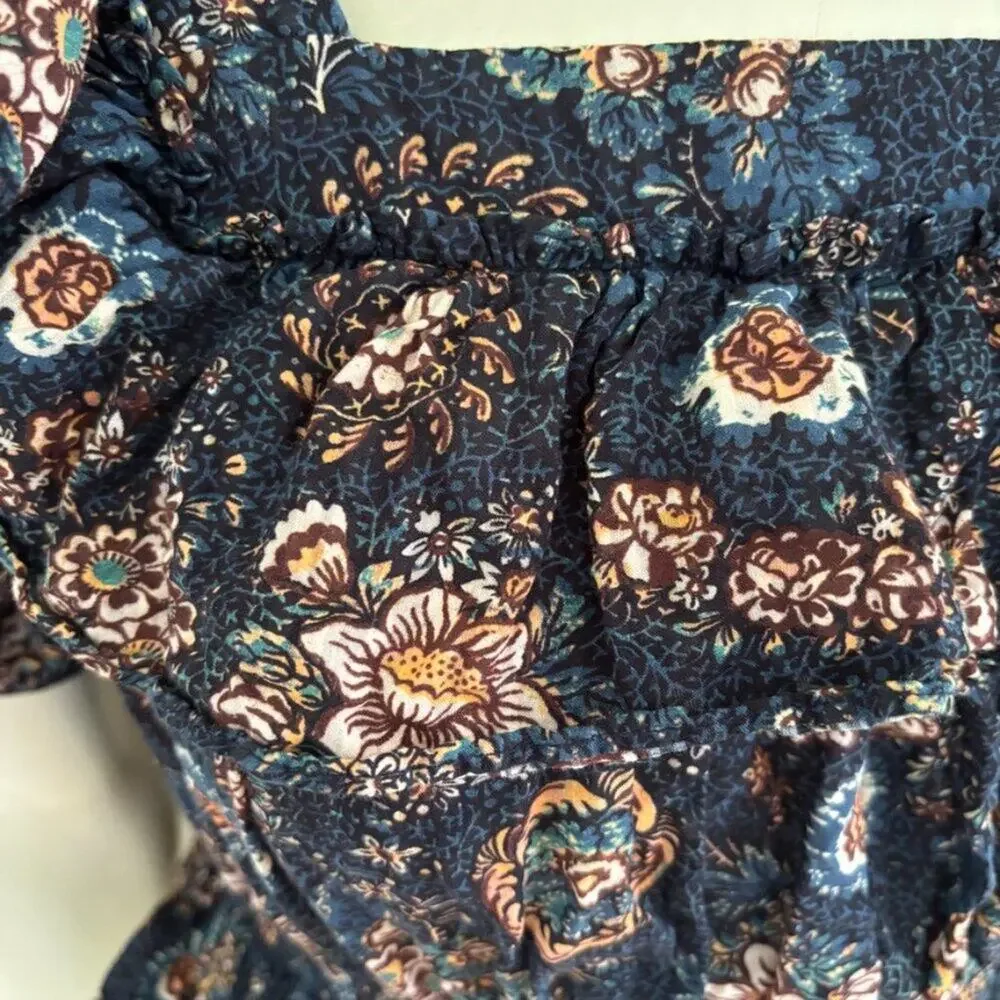 ULLA JOHNSON Warner Floral Ruffle Puff-Sleeve Peplum Blouse in Twilight SZ S
